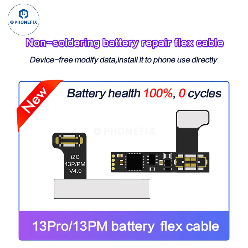 Phonefix i2C Tag-on Battery Repair Flex Cable for iPhone 11-15 Pro Max, used as a battery tester tool for repairs.