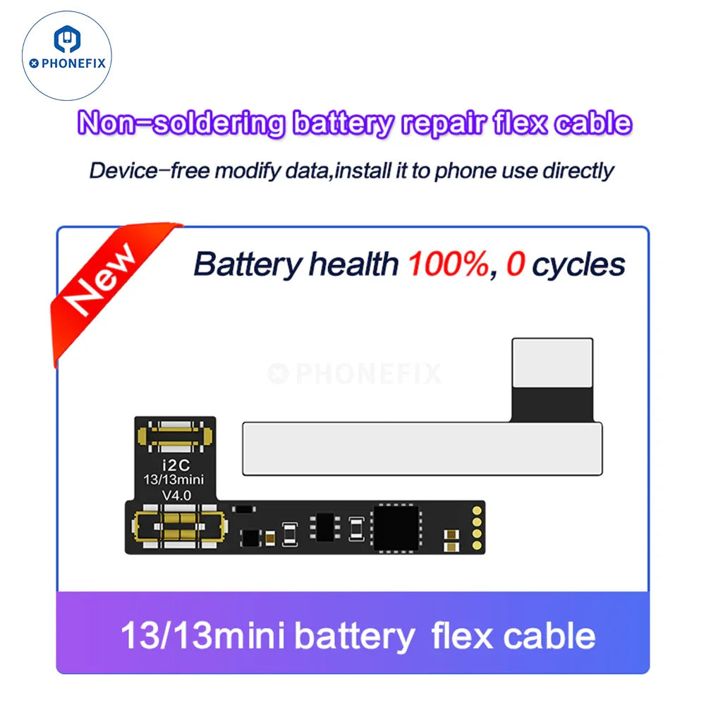 PhoneFix i2C Tag-on Battery Repair Flex Cable for iPhone 11-15 Pro Max, battery tester tool with flexible connector cable.