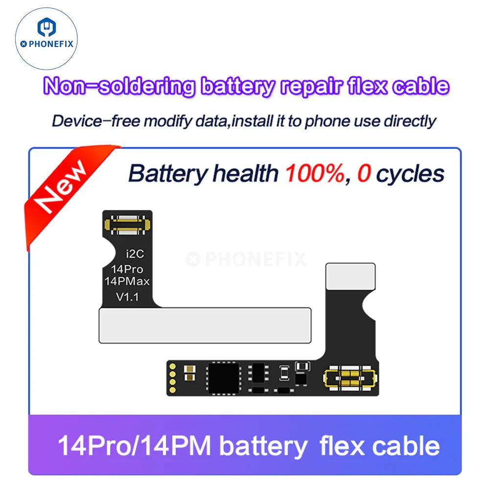 iPhone 11-15 Pro Max i2C Tag-on Battery Repair Flex Cable for PHONEFIX battery tester tool, shown with connector and flex cable