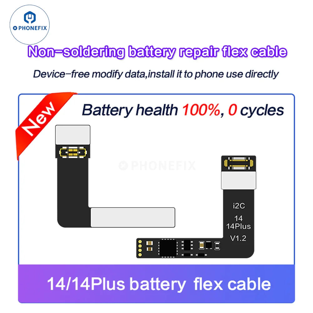 PHONEFIX i2C Tag-on Battery Repair Flex Cable for iPhone 11-15 Pro Max, battery tester tool with flex cable and connector.