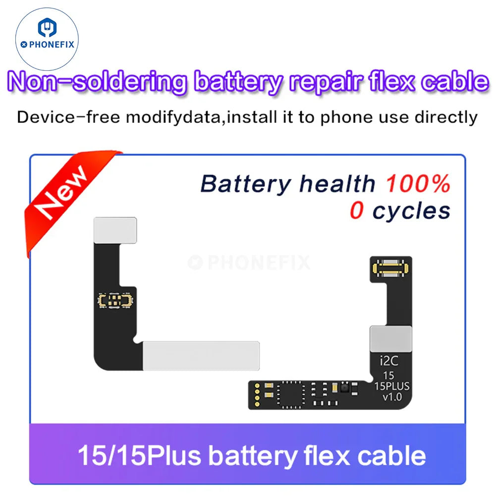 iPhone 11-15 Pro Max i2C Tag-on Battery Repair Flex Cable by PHONEFIX, used as a battery tester tool for repairs