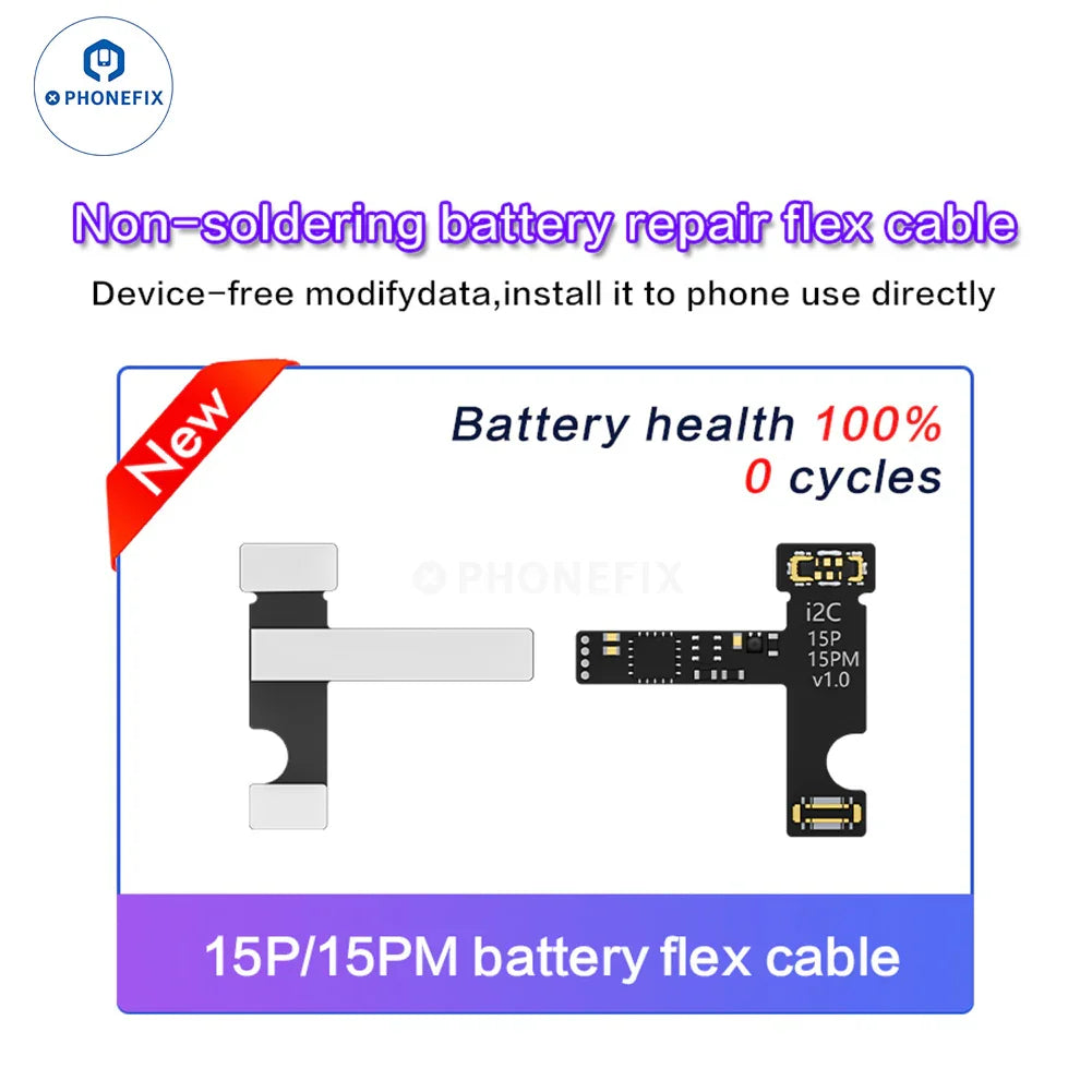 PHONEFIX i2C Tag-on Battery Repair Flex Cable for iPhone 11-15 Pro Max, used as a battery tester tool for repairs.