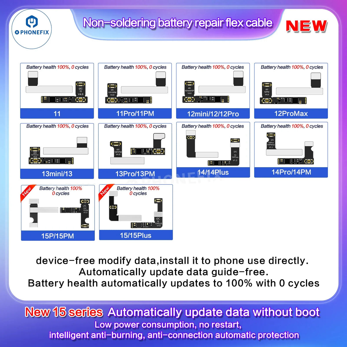 PHONEFIX i2C Tag-on Battery Repair Flex Cable for iPhone 11-15 Pro Max, battery tester tool with flexible cable and connector.