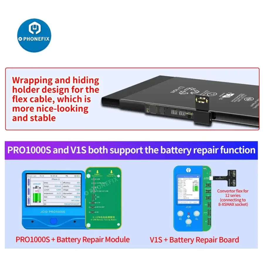 Phonefix JC Battery Repair Flex Cable for iPhone 11-15 Pro Max, battery tester tool with flexible cable for repair and diagnostics.