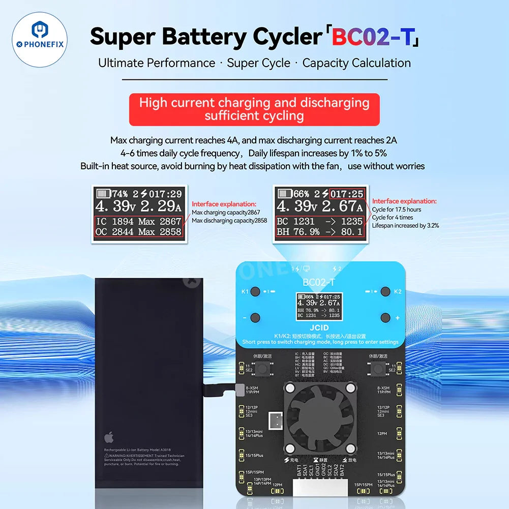 PHONEFIX JCID BC02-T iPhone Battery Cycler Health Repair Calibrator testing tool for iPhone batteries.