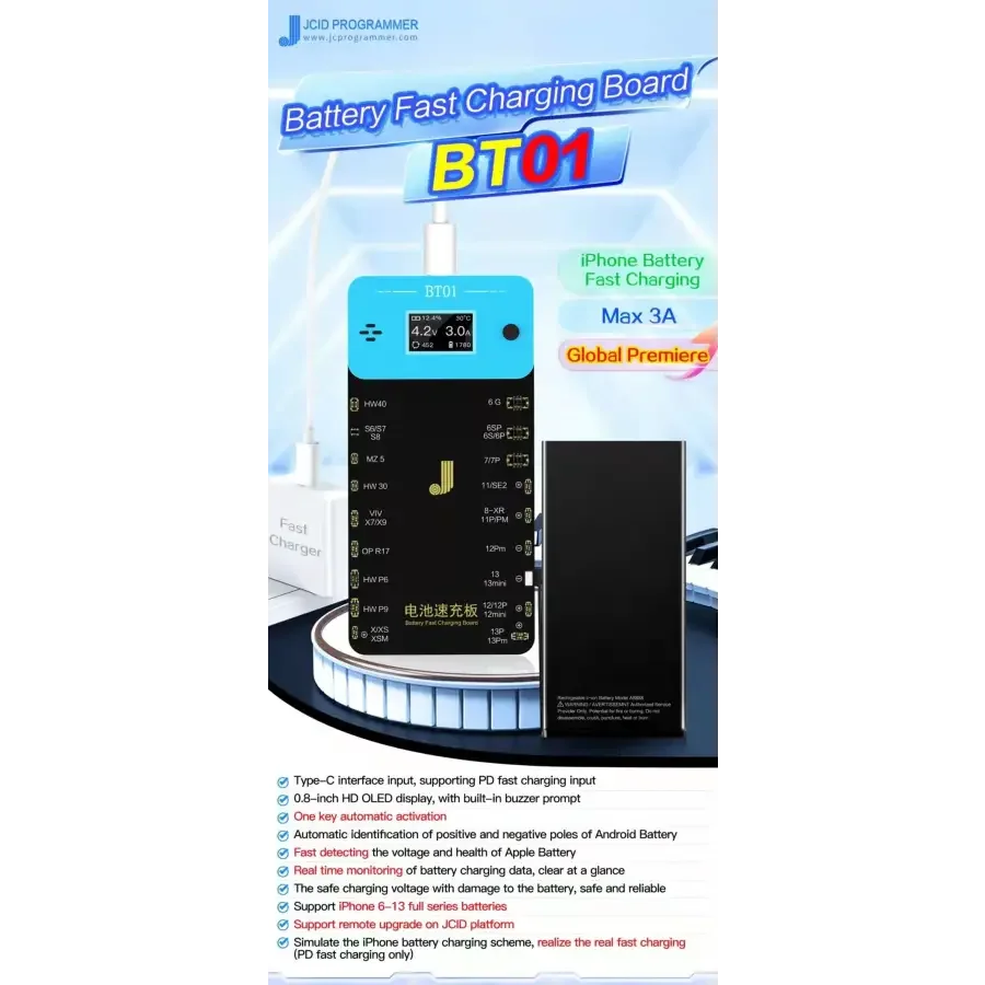 JCID BT01 battery fast charging board with display, a phone battery tester tool for iPhone and Android devices by PHONEFIX