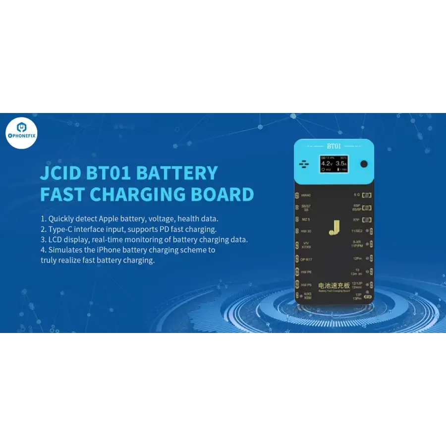 JCID BT01 battery fast charging board with display, designed for iPhone and Android phones, used as a battery tester tool by PHONEFIX.