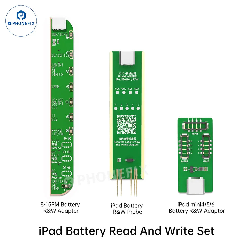 PHONEFIX JCID iPad battery health charging cycle tester and read/write adaptor, compatible with iPad battery diagnostic tools.
