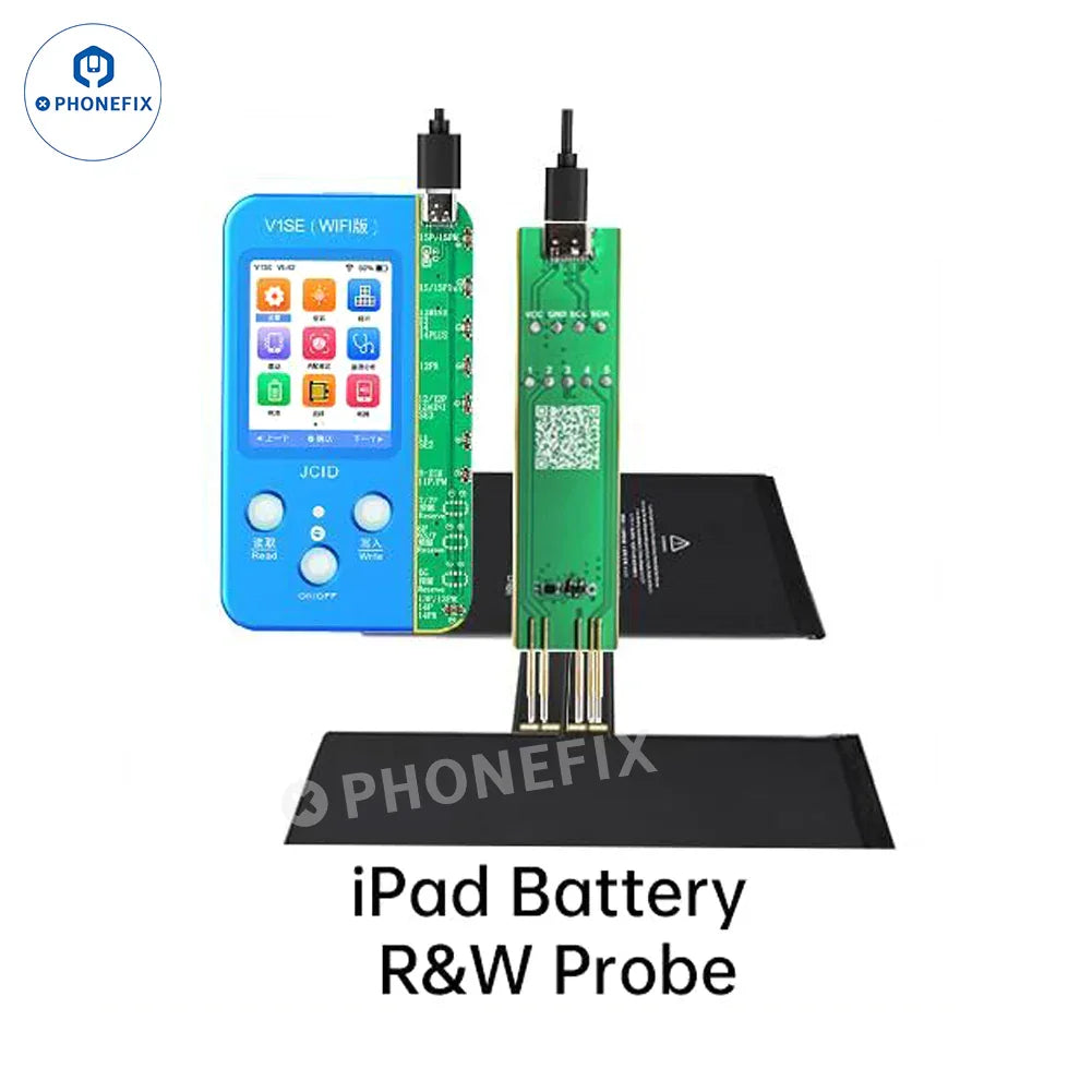PHONEFIX JCID iPad Battery Health Charging Cycle Read Write Adaptor, battery tester tool with connectors and display interface.