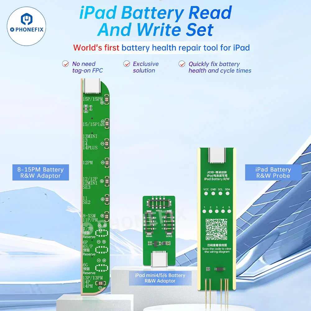 PHONEFIX JCID iPad Battery Health Charging Cycle Read Write Adaptor, a battery tester tool for iPad batteries.
