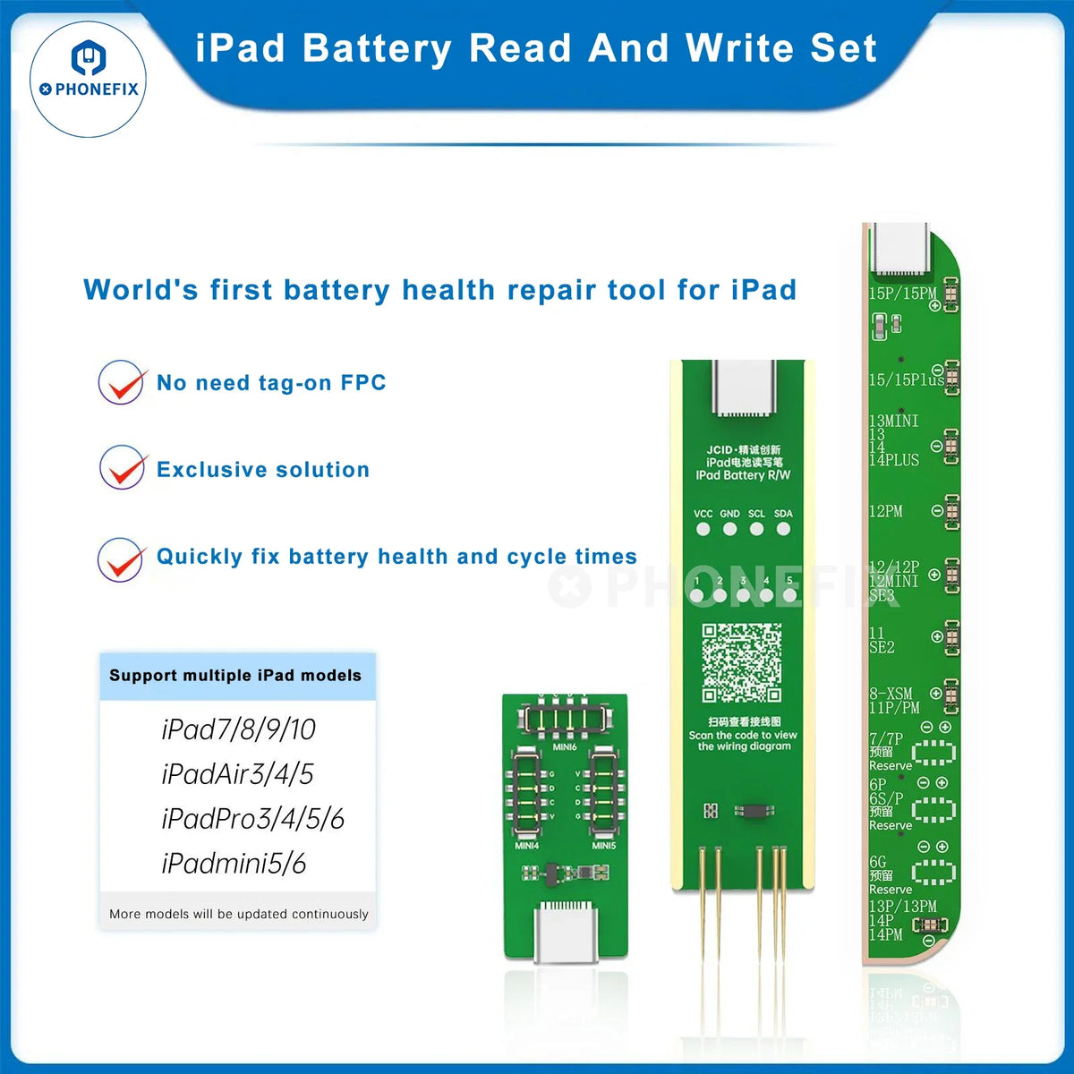 PHONEFIX JCID iPad Battery Health Charging Cycle Read Write Adaptor and Battery Tester Tool for iPad battery diagnostics.