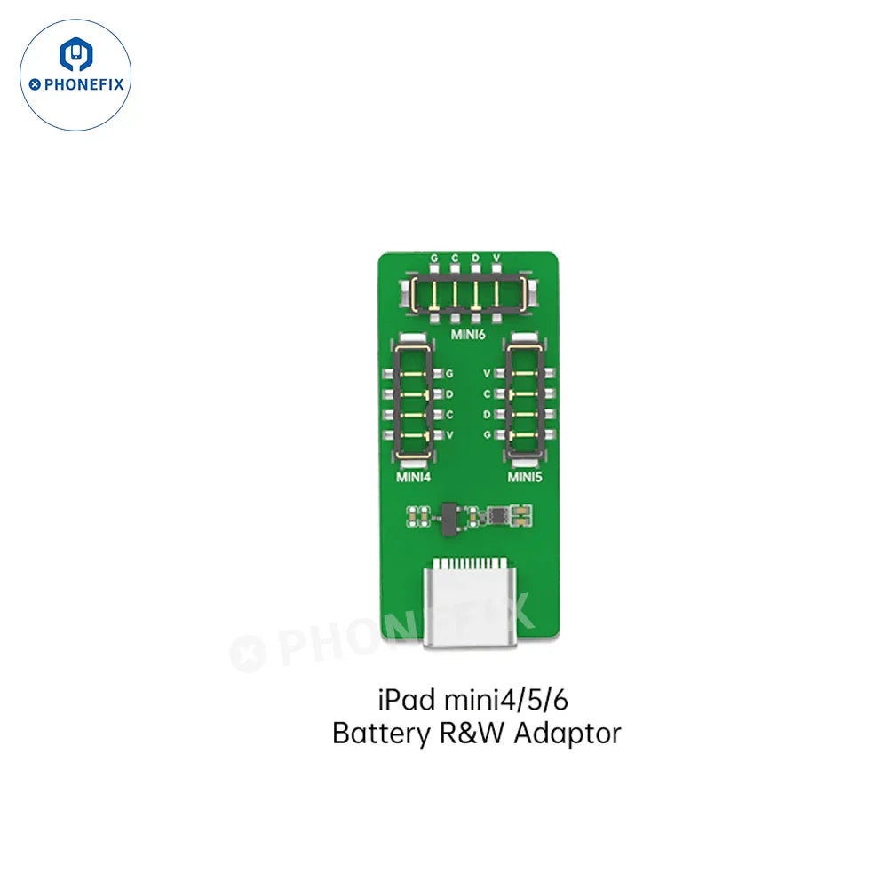 PHONEFIX JCID iPad battery tester tool with read/write adaptor for checking battery health and charging cycles.