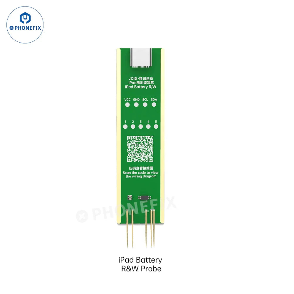 PHONEFIX JCID iPad battery health charging cycle tester tool with read/write adaptor, used for testing iPad battery performance.