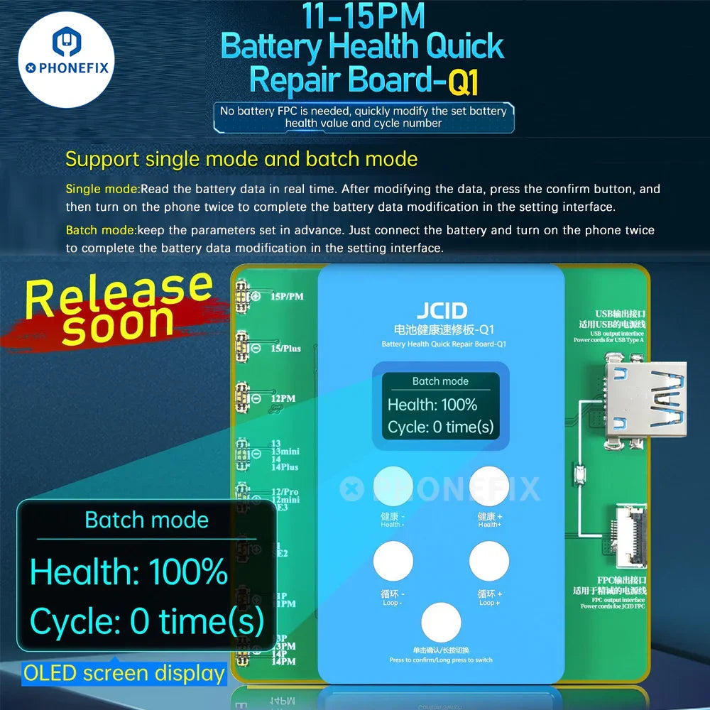 PHONEFIX JCID Q1 Carte de réparation rapide de l'état de la batterie iPhone, outil de test de batterie sans FPC requis, pour des diagnostics de batterie rapides.