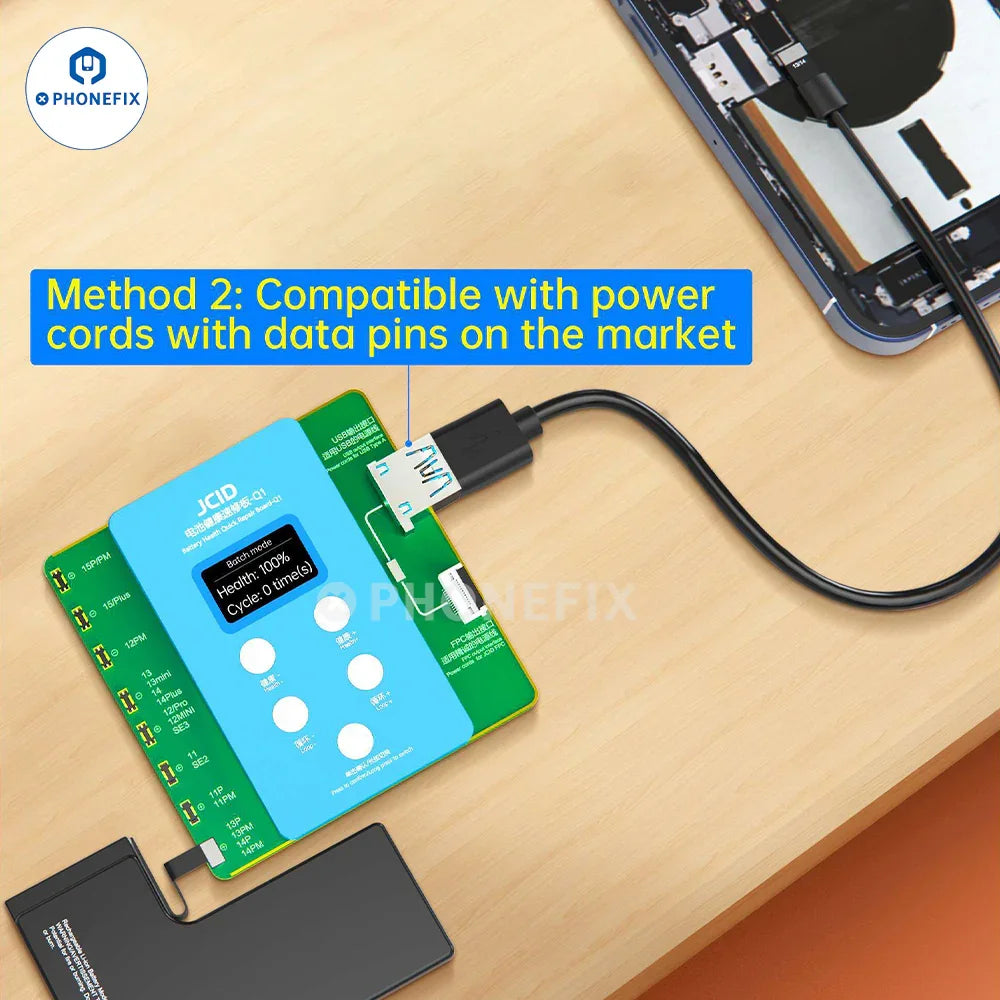 PHONEFIX JCID Q1 Carte de réparation rapide de l'état de la batterie de l'iPhone, outil de test de batterie pour iPhone sans FPC requis, méthode 2.