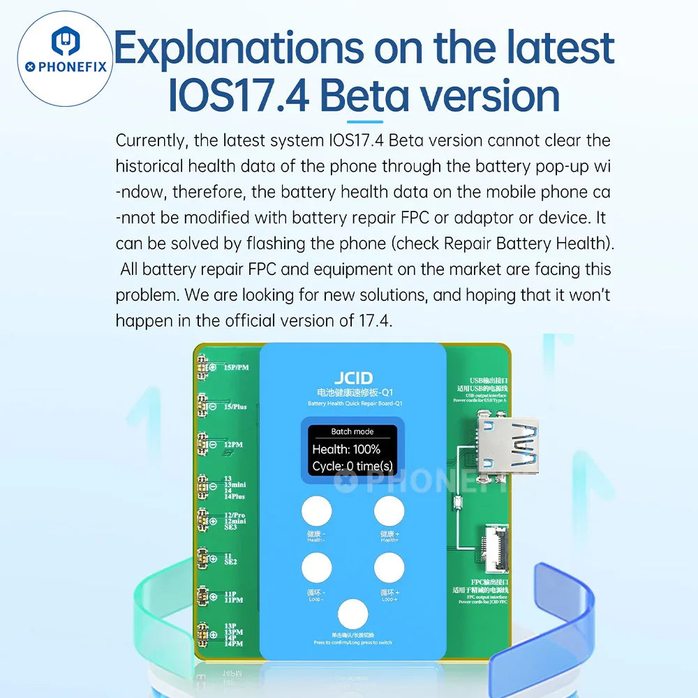 PHONEFIX JCID Q1 Outil de réparation rapide de l'état de la batterie iPhone pour tester les batteries iPhone sans connexion FPC.