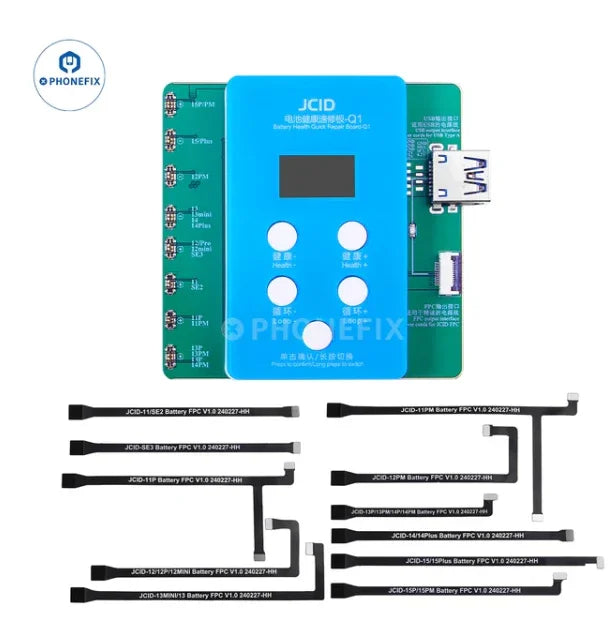 PHONEFIX JCID Q1 iPhone battery health quick repair board testing tool with no FPC required, shown on a clean white background.