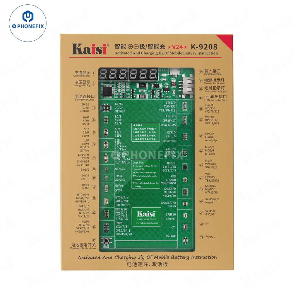 PHONEFIX K-9201 K-9208 battery charging activation board for iPhone and Android, used as a battery tester tool.