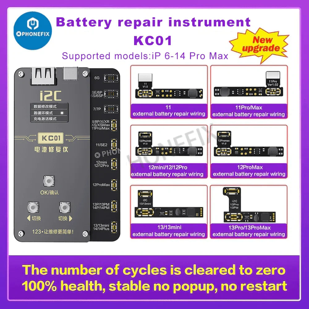 PHONEFIX i2C BR KC01 Battery Data Corrector for iPhone 11-15 Pro Max, battery tester tool showing device screen with data readings.