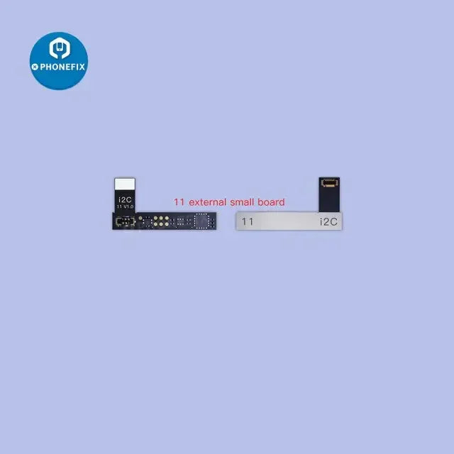 i2C BR KC01 Battery Data Corrector for iPhone 11-15 Pro Max, PHONEFIX battery tester tool, shown with device connection and display.