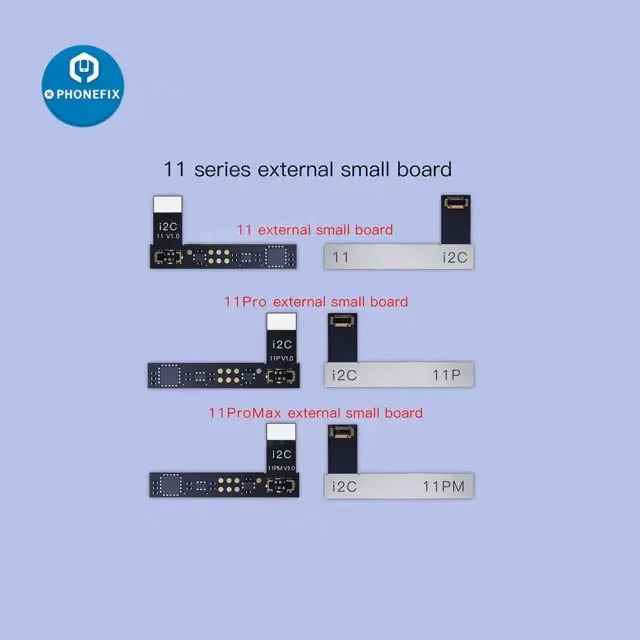 i2C BR KC01 Battery Data Corrector for iPhone 11-15 Pro Max, PHONEFIX battery tester tool showing device screen and connectors