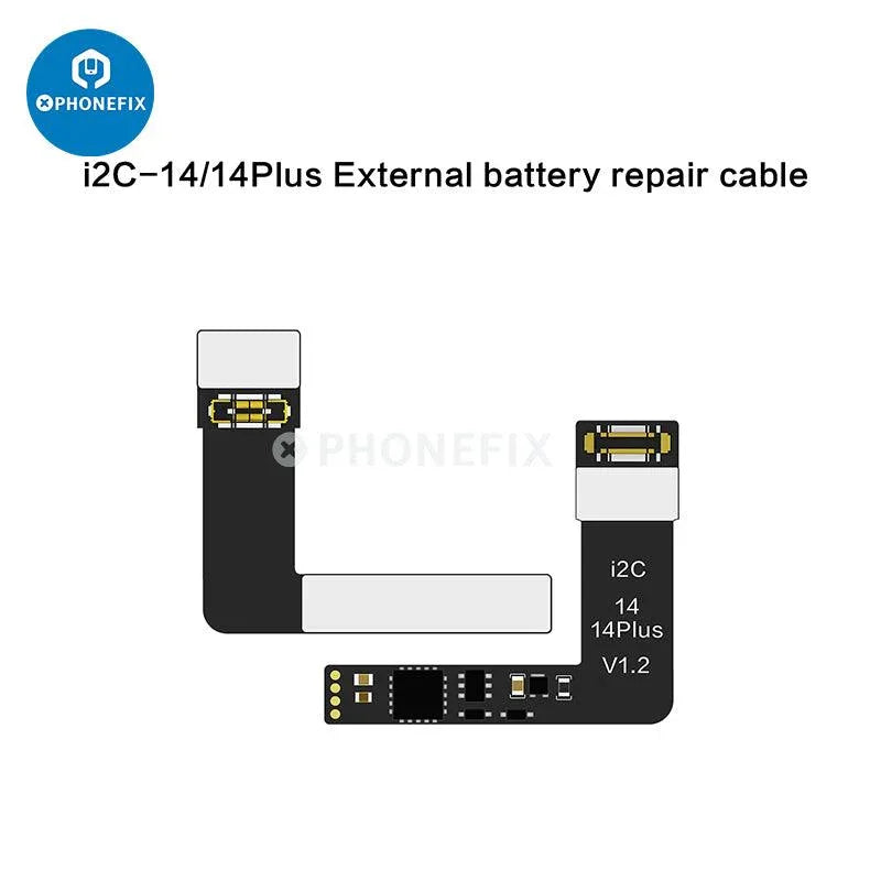 PhoneFix i2C BR KC01 battery data corrector tool for iPhone 11-15 Pro Max, showing the device and testing interface.