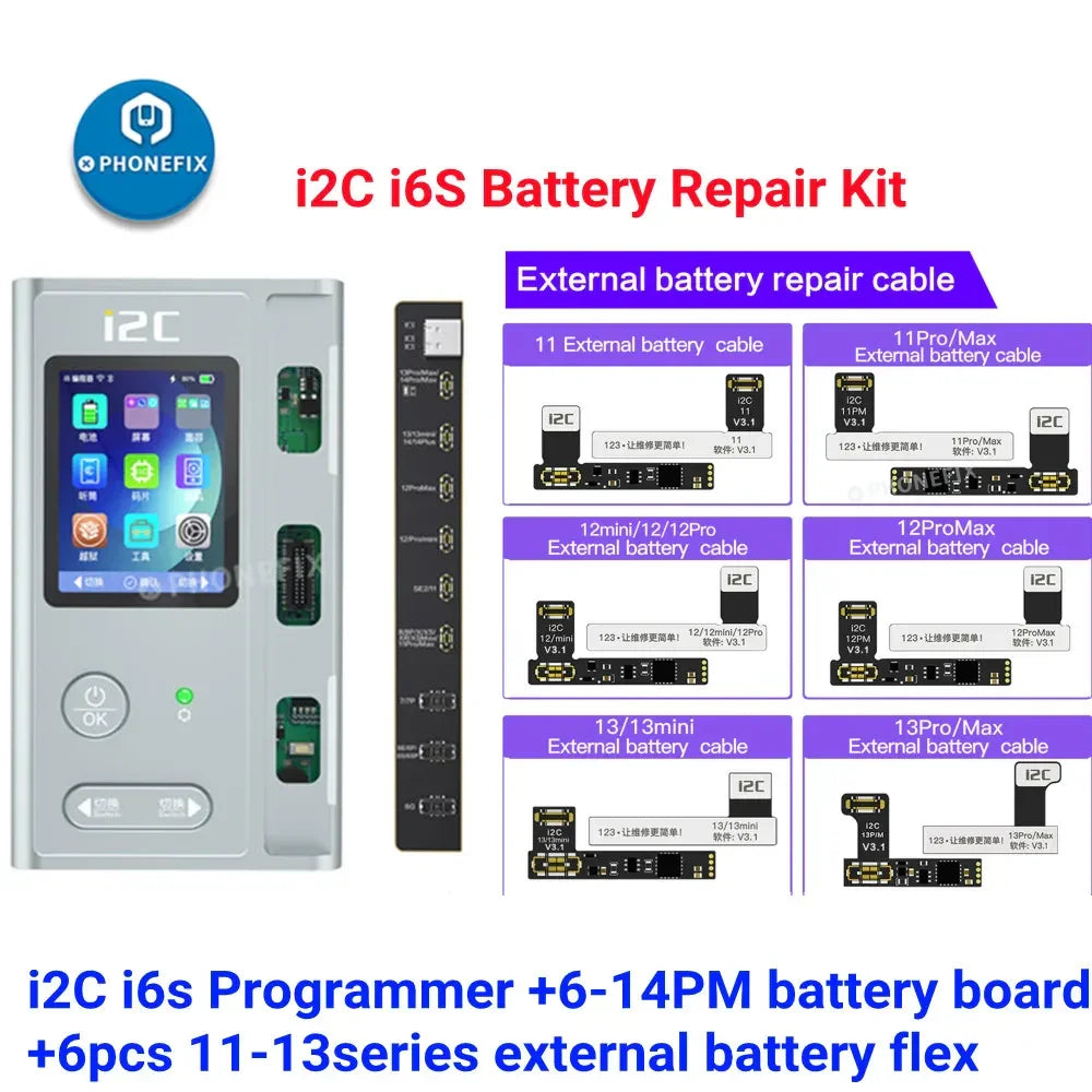 PHONEFIX i2C BR KC01 battery data corrector and tester for iPhone 11 to 15 Pro Max, showing the device and testing screen.