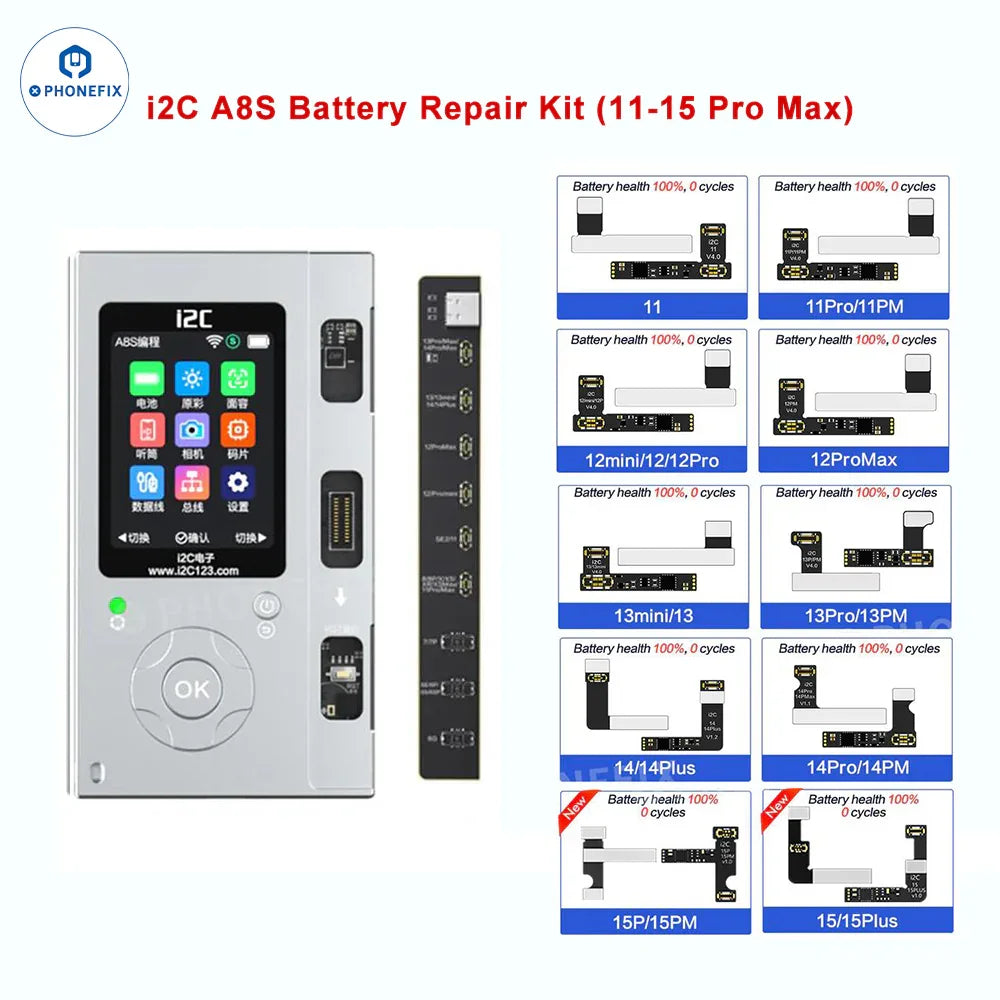 PhoneFix i2C BR KC01 battery data corrector and tester for iPhone 11-15 Pro Max, shown with testing tool and battery set.