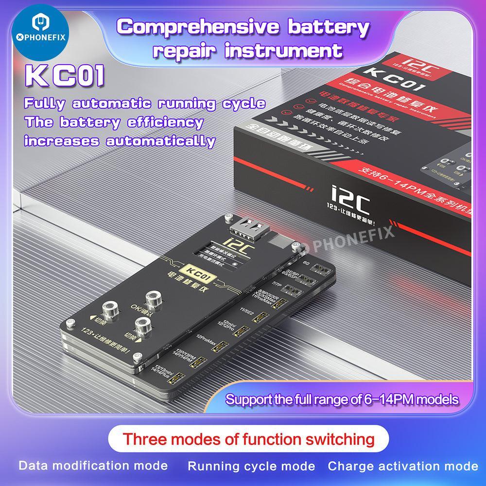 PHONEFIX i2C KC01 battery repair instrument for iPhone 6-14 Pro Max, a handheld battery tester tool for iPhone repair.
