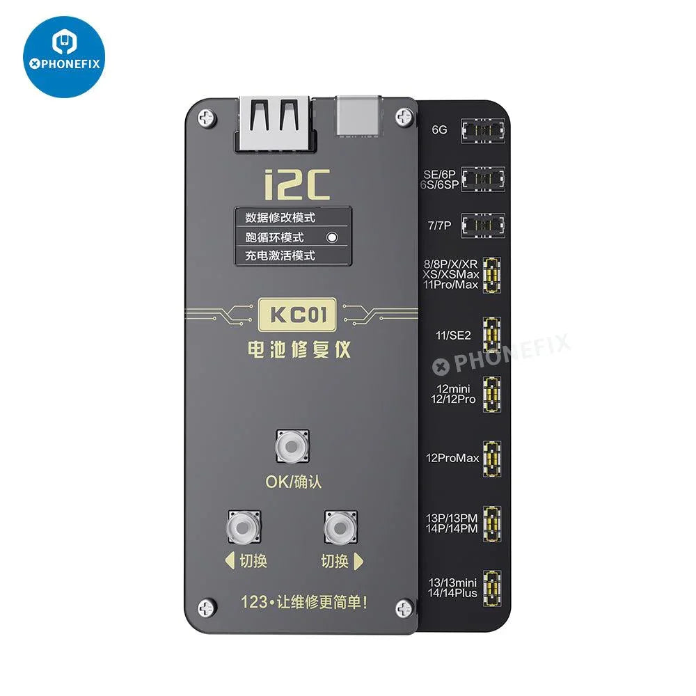 i2C KC01 Battery Repair Instrument by PHONEFIX for iPhone 6 to 14 Pro Max, used for testing and repairing iPhone batteries.