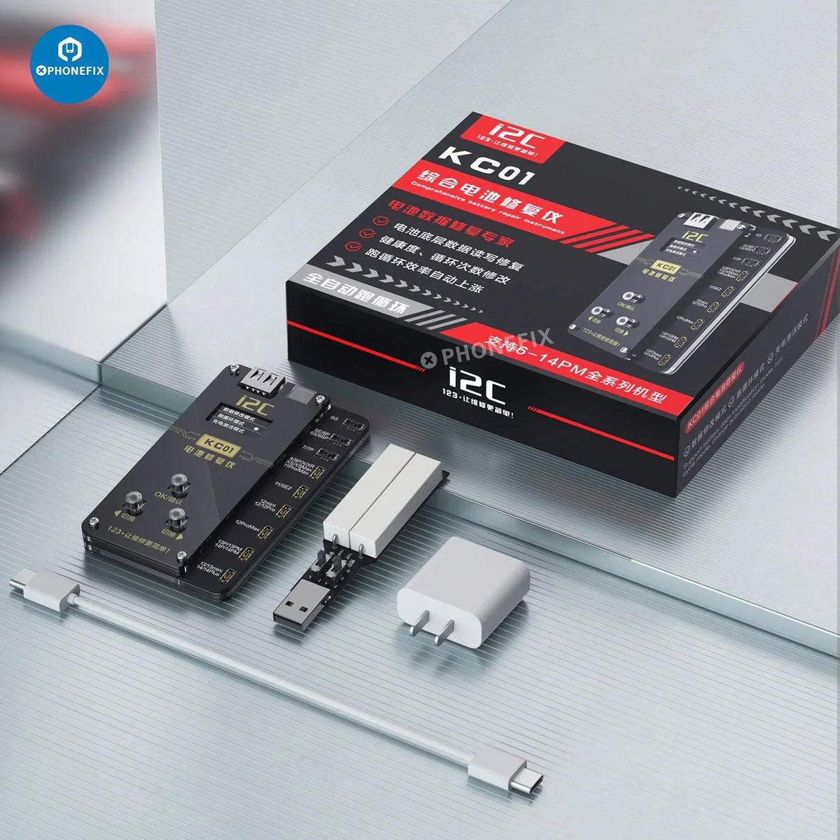 PHONEFIX i2C KC01 battery tester tool for iPhone 6 to 14 Pro Max, used for diagnosing and repairing iPhone batteries.