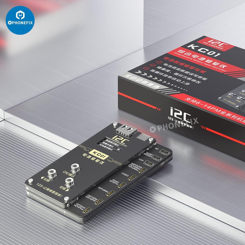 PHONEFIX i2C KC01 battery repair instrument for iPhone 6-14 Pro Max, compact battery tester tool for iPhone repairs.