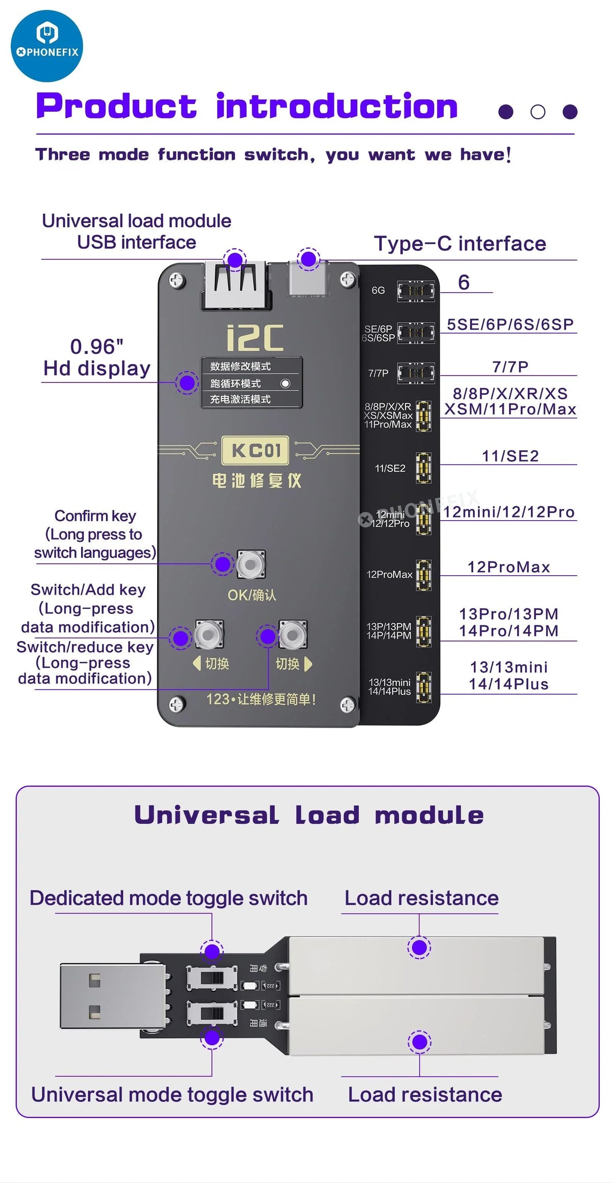 PhoneFix i2C KC01 battery repair instrument for iPhone 6-14 Pro Max, battery tester tool with digital display and testing ports.