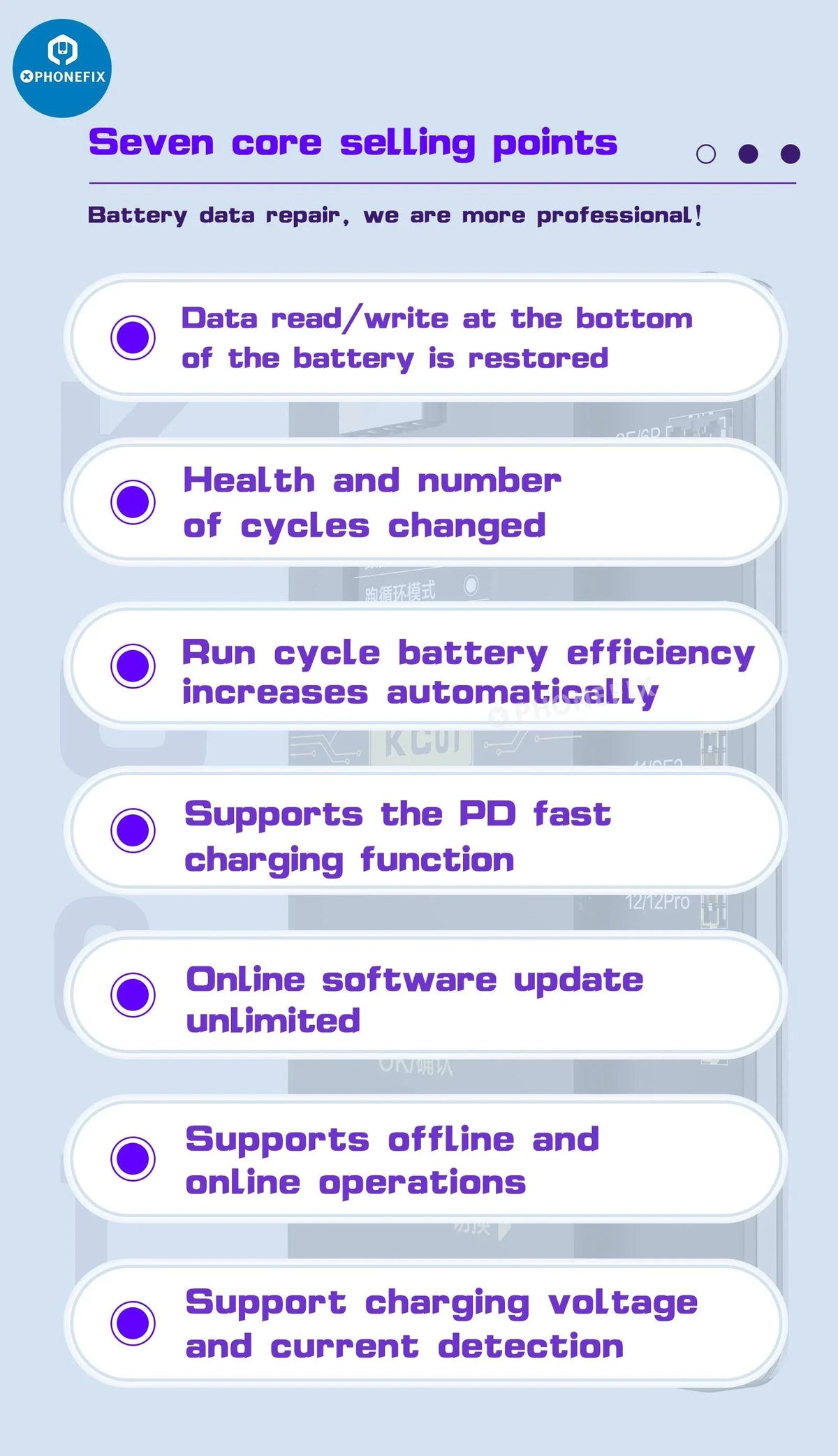 PHONEFIX i2C KC01 Battery Tester Tool for iPhone 6 to 14 Pro Max, compact device for battery diagnostics and repair.