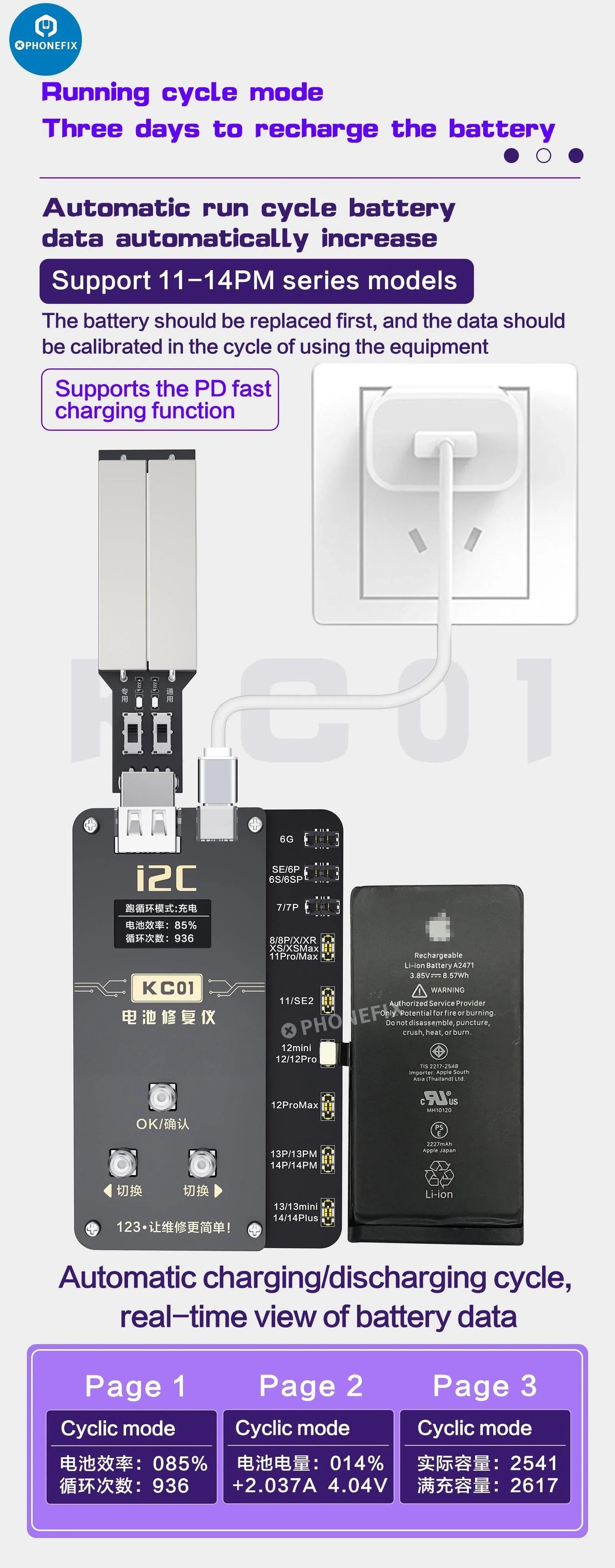 PhoneFix i2C KC01 battery tester tool for iPhone 6 to 14 Pro Max, used for diagnosing iPhone battery issues.