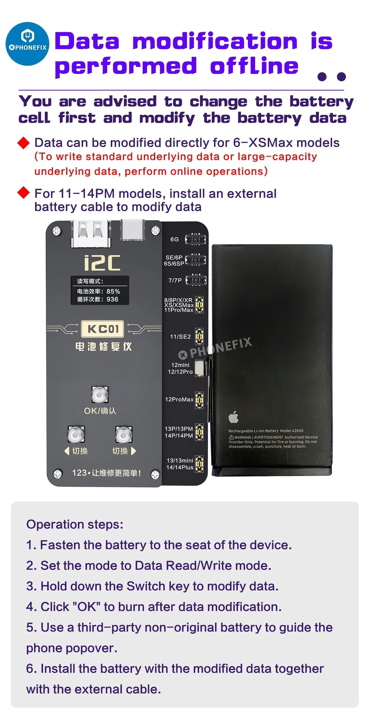 Phonefix i2C KC01 battery tester tool for iPhone 6-14 Pro Max, used for diagnosing and repairing iPhone battery issues.