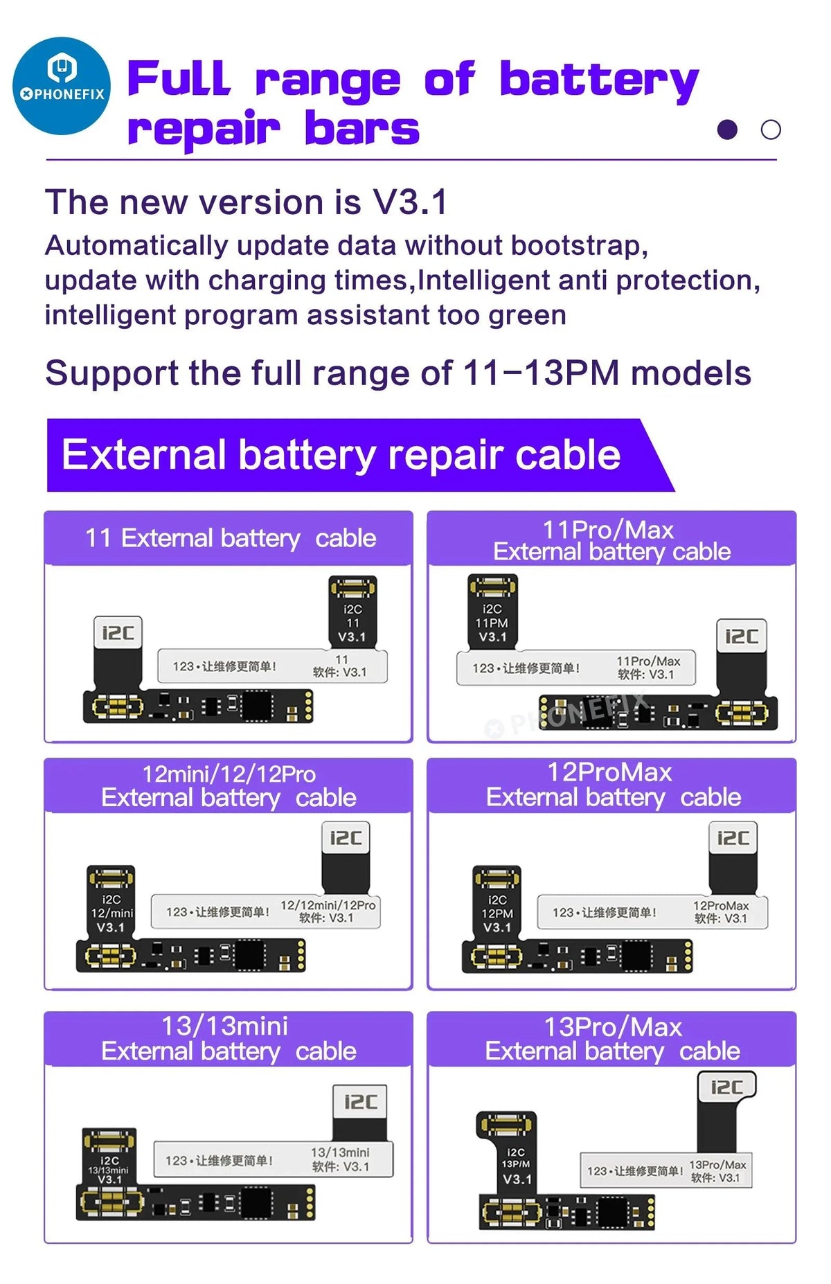 PhoneFix i2C KC01 battery tester tool for iPhone 6 to 14 Pro Max, used for battery repair and diagnostics.