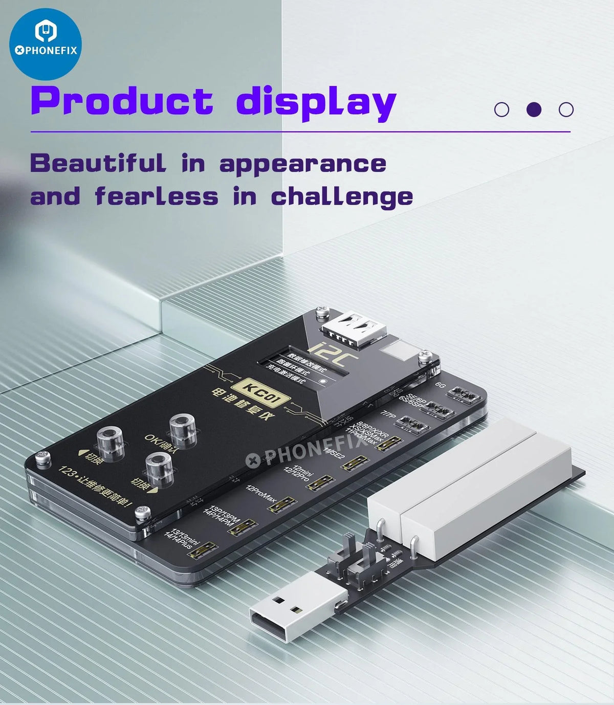 PhoneFix i2C KC01 battery tester tool for iPhone 6 to 14 Pro Max, used for diagnosing and repairing iPhone battery issues.