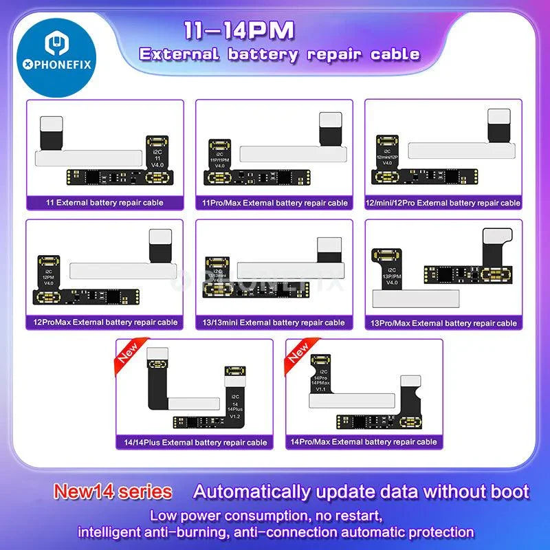PHONEFIX i2C KC01 battery tester tool for iPhone 6 to 14 Pro Max, used for diagnosing and repairing iPhone batteries.