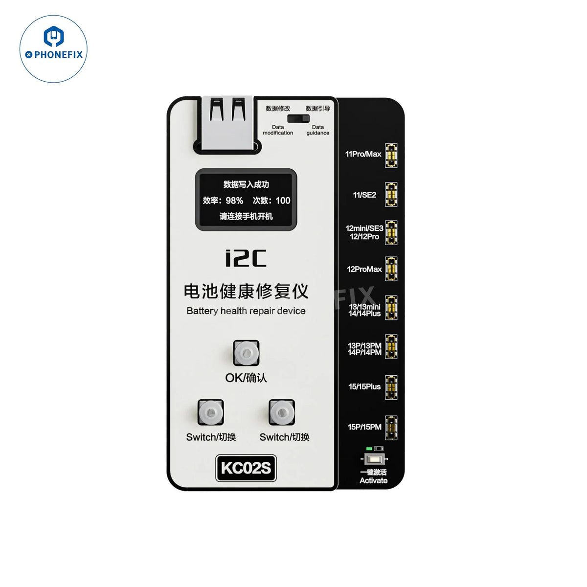 PHONEFIX i2C KC02S battery health repair tester for iPhone 11-15, showing device screen with diagnostic readings.