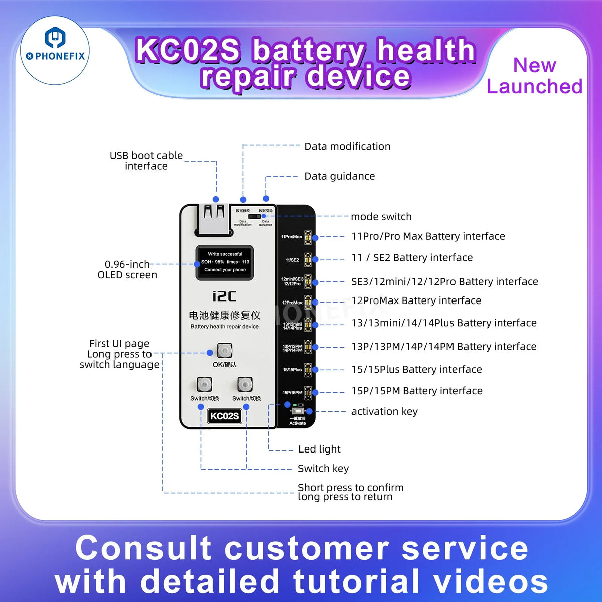 PHONEFIX i2C KC02S iPhone battery health repair tester tool for iPhone 11-15 models, W09 Pro V3 display screen and diagnostic ports