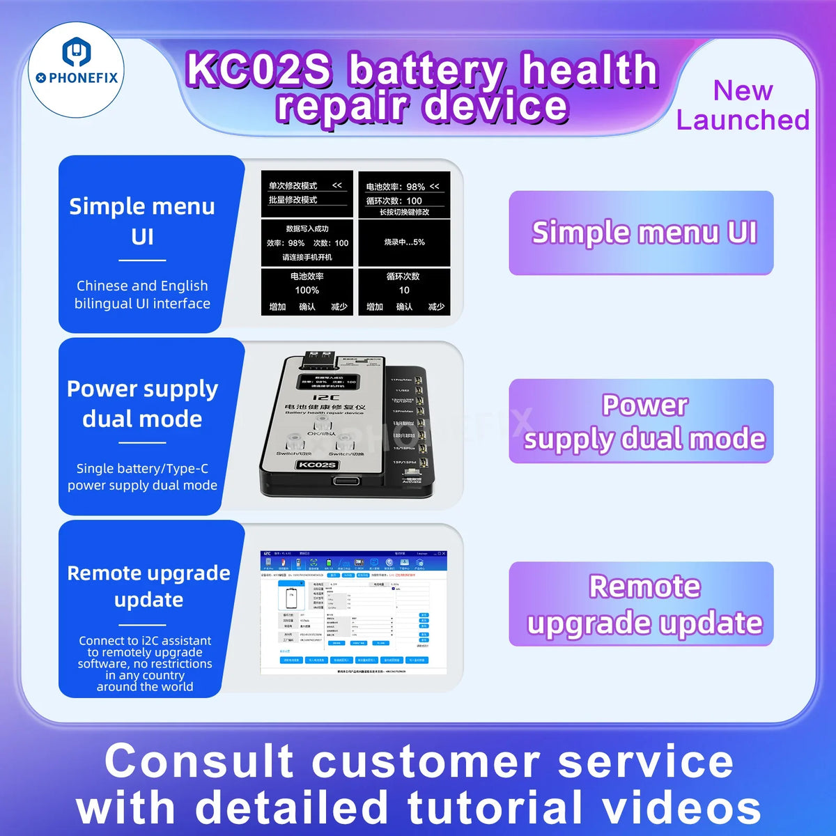 PHONEFIX i2C KC02S iPhone battery health repair tester tool for iPhone 11-15, W09 Pro V3 model, showing digital display and ports.