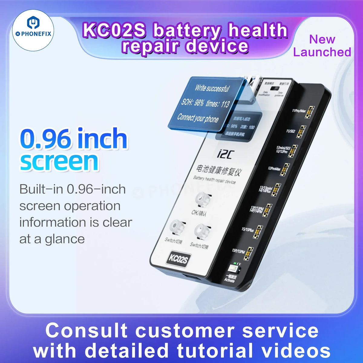 PHONEFIX i2C KC02S iPhone battery health repair tester W09 Pro V3 showing device screen and testing interface.