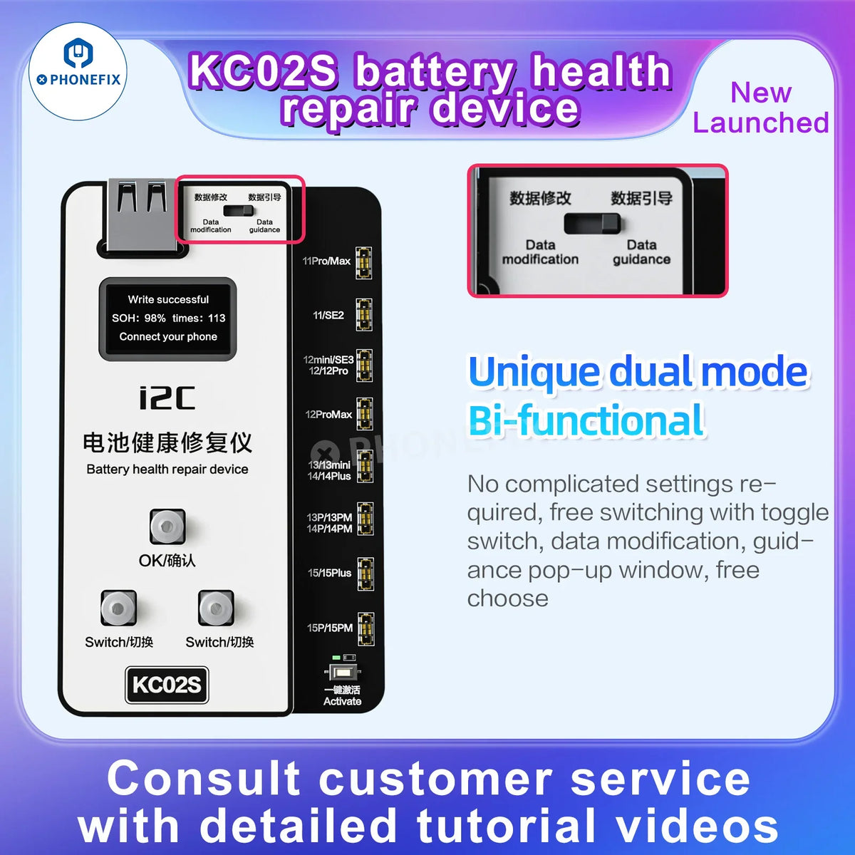 PHONEFIX i2C KC02S iPhone 11-15 battery health repair tester tool showing digital display and diagnostic interface
