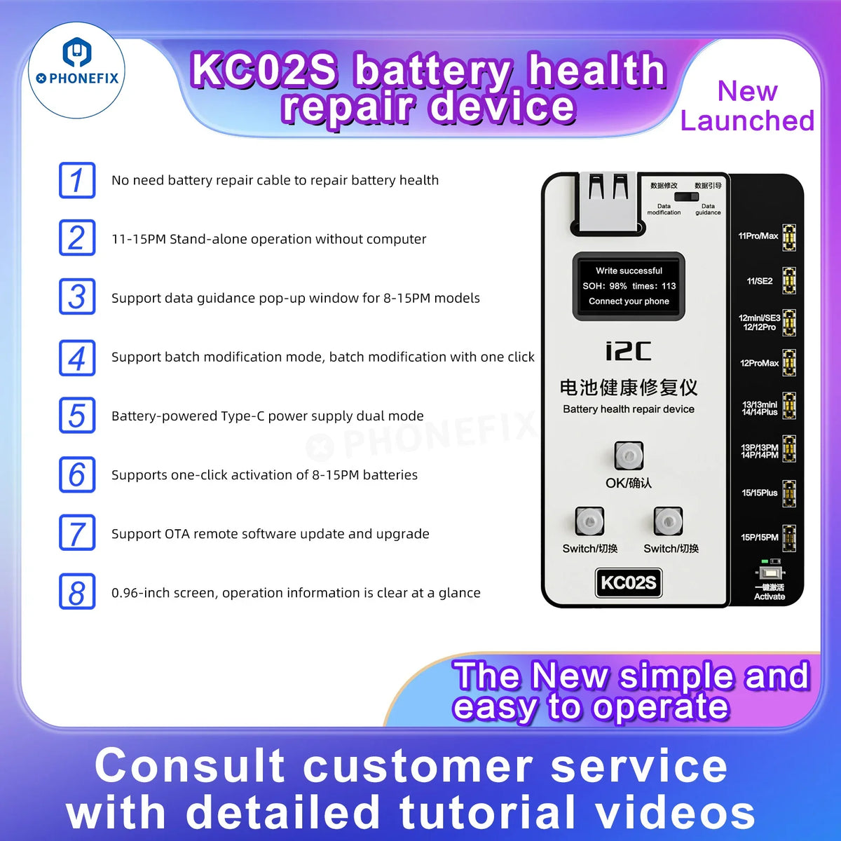 PHONEFIX i2C KC02S iPhone 11-15 Battery Health Repair Tester W09 Pro V3 showing the device with screen displaying battery diagnostics.