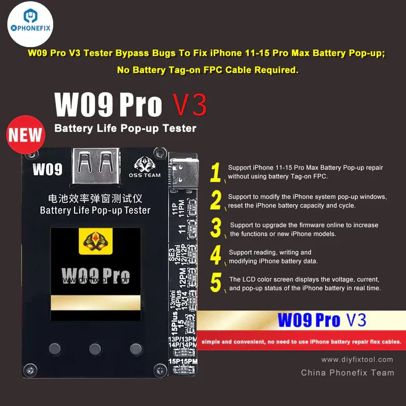 PHONEFIX W09 Pro V3 i2C KC02S iPhone 11-15 battery health repair tester tool showing the device and screen interface.