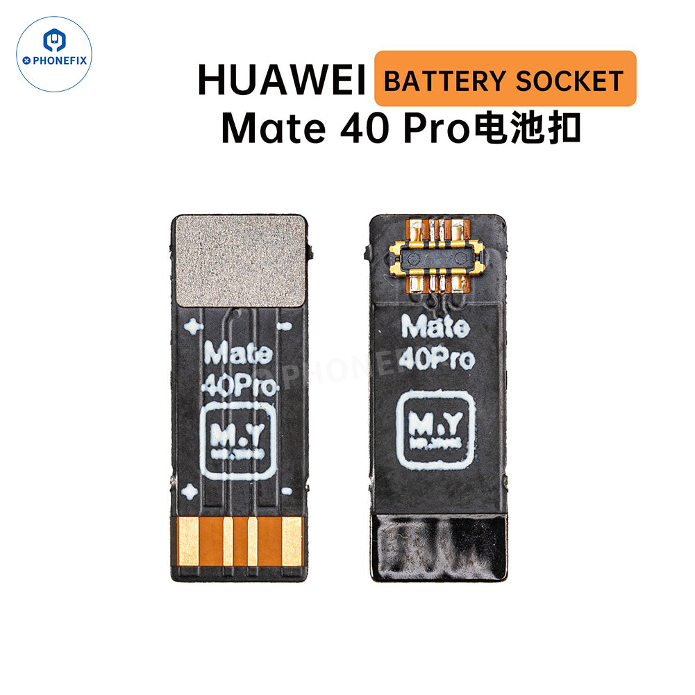 PHONEFIX YCS M.Y Battery Socket tester tool for iPhone 8-17 Pro Max and Android devices, shown with Huawei Mate 40 Pro.