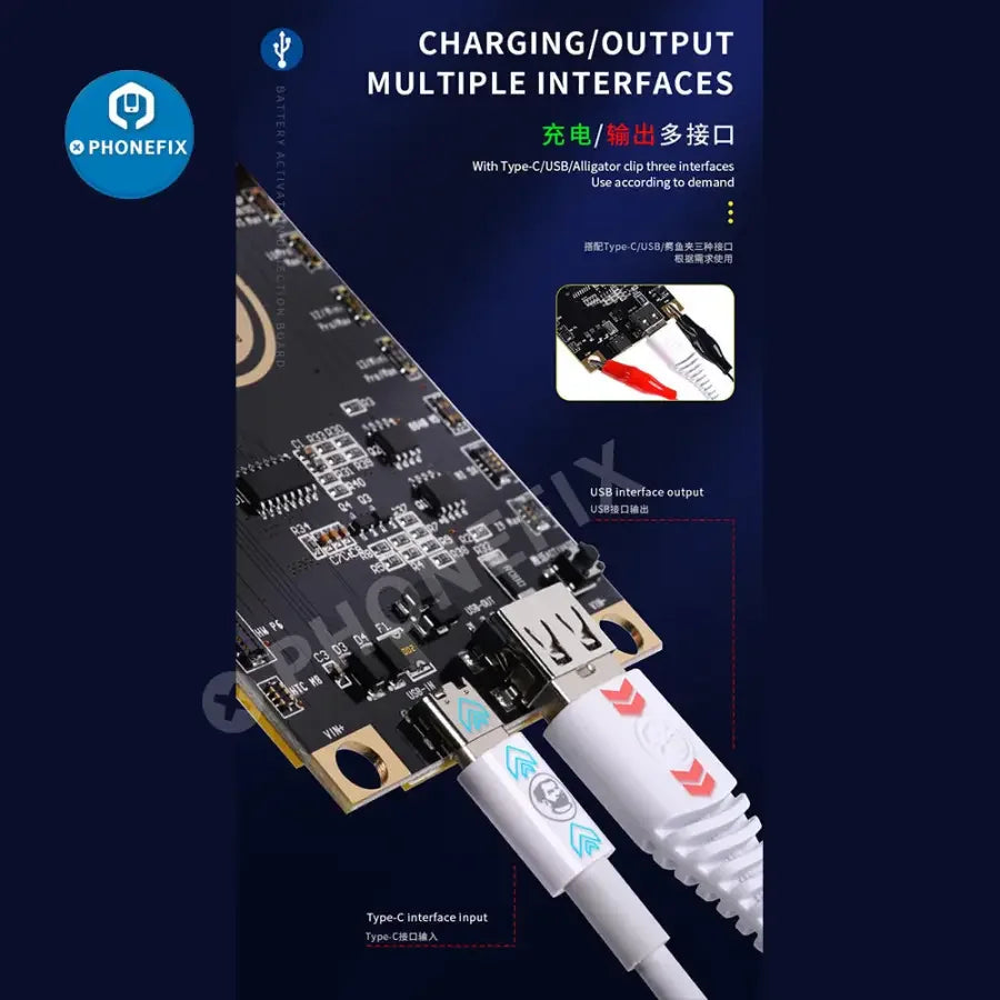 PHONEFIX Mechanic BA27 battery activation detection board for iPhone and Android phones, used as a battery tester tool.