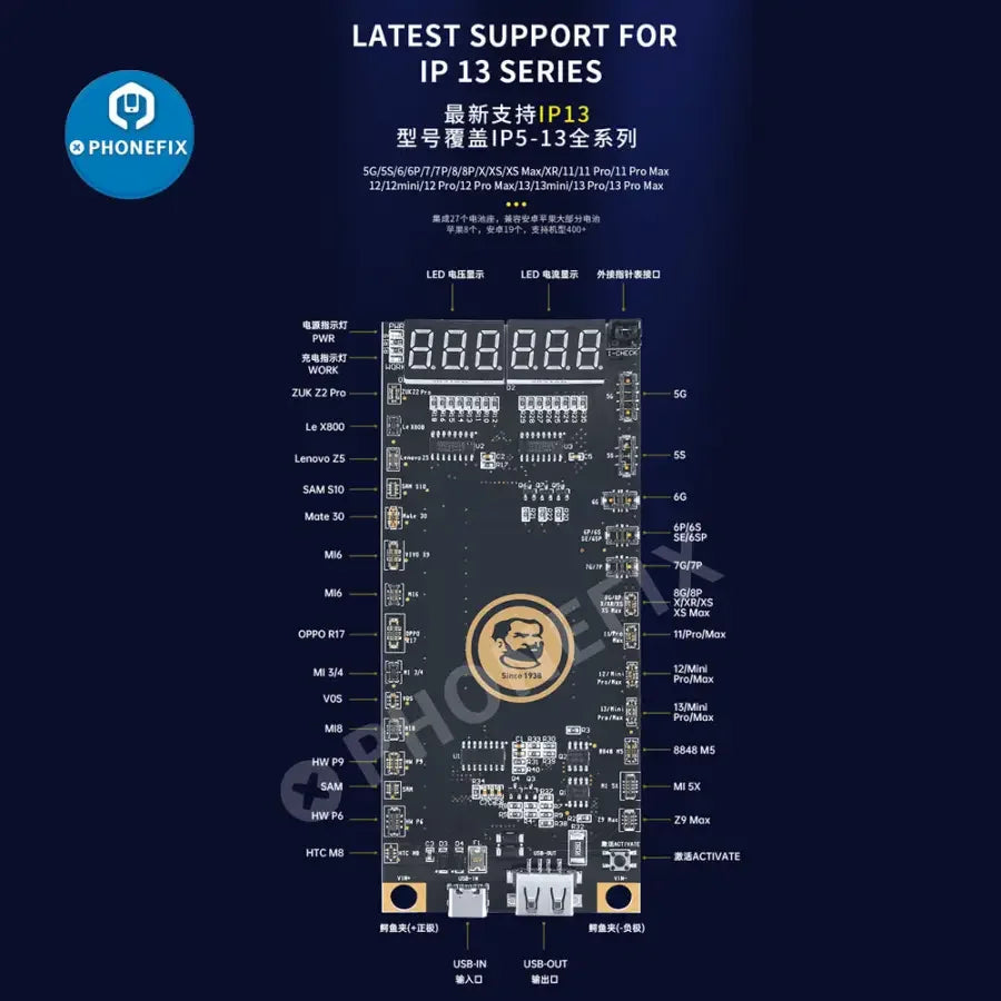 PHONEFIX Mechanic BA27 Battery Activation Detection Board for iPhone and Android battery tester tool showing circuit board and testing ports.