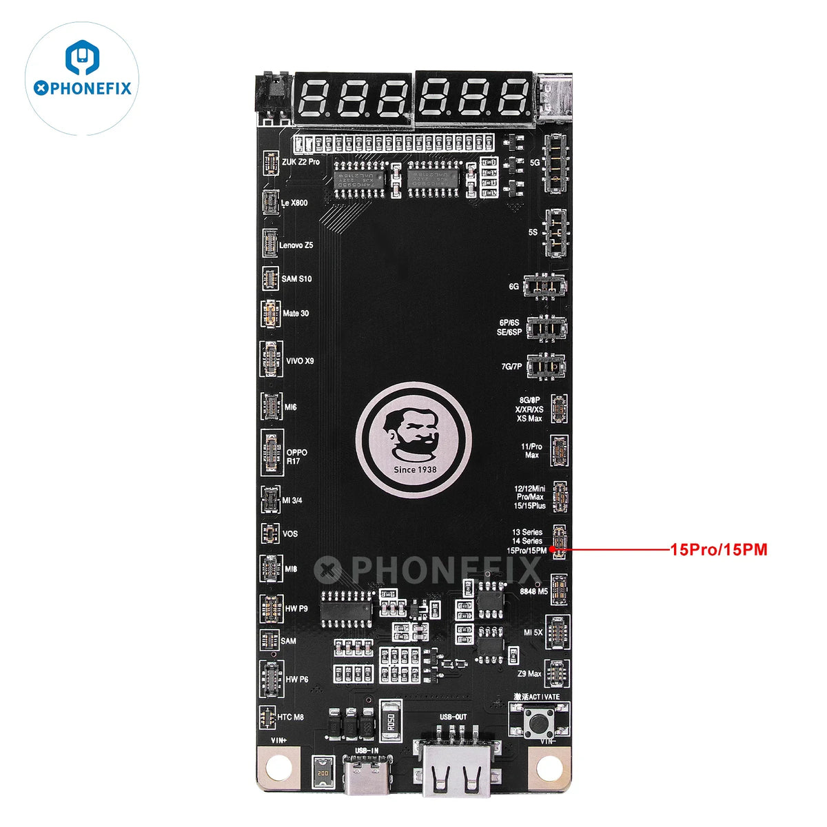 PHONEFIX Mechanic BA27 Battery Tester Board for iPhone and Android devices, used for battery activation detection and testing.